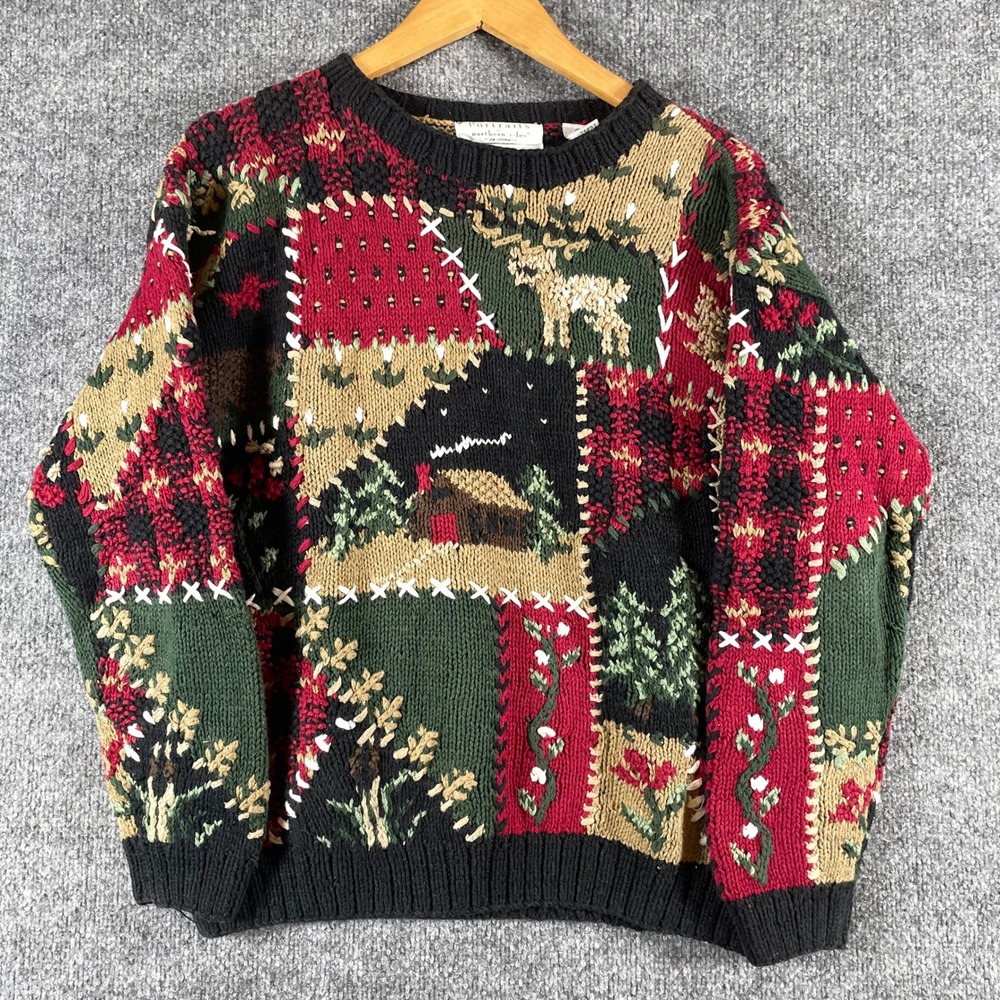 Vintage Portraits Northern Isles Sweater Womens Medium Green Patchwork Hand Knit